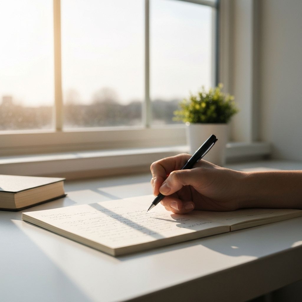 دست در حال نوشتن در دفترچه کنار نور پنجره روی میز مینیمال.