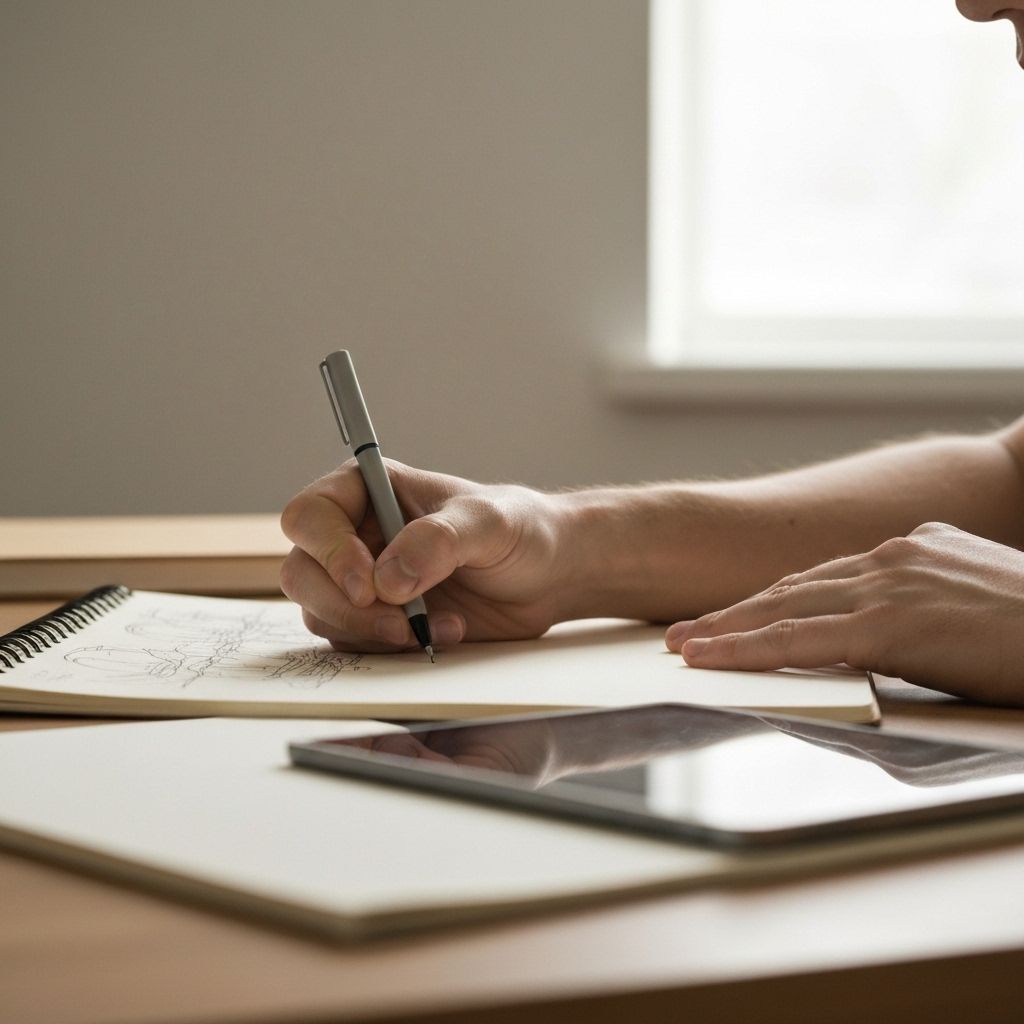 اجرای خطی با قلم مشکی روی اسکیس‌بوک؛ ابزار تصویرگری روی میز در نور طبیعی.