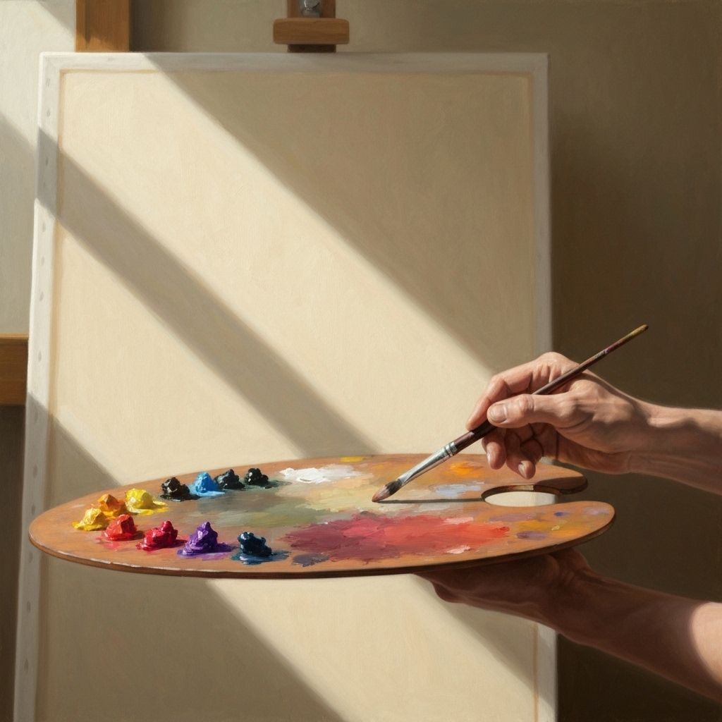 ترکیب رنگ روغن روی پالت چوبی کنار بوم