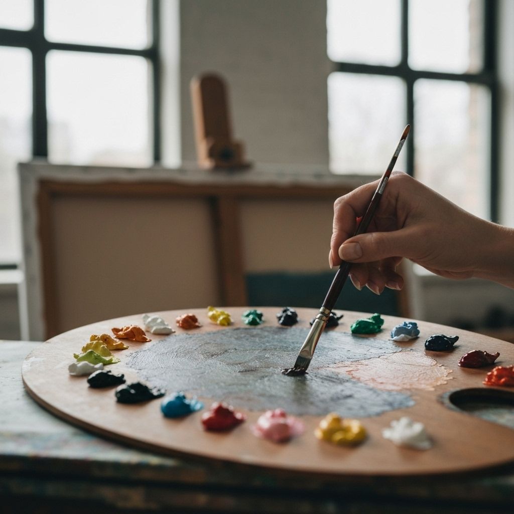 کلوزآپ دست در حال ترکیب رنگ روغن روی پالت چوبی کنار بوم در نور طبیعی.